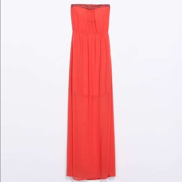 Zara Trafaluc Beaded Strapless Coral Pink Maxi Dress - Size XS (NWOT) - Picture 1 of 5